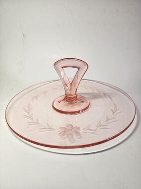 11" Pink Depression Glass Pedestal Candy Dish with Floral Etching